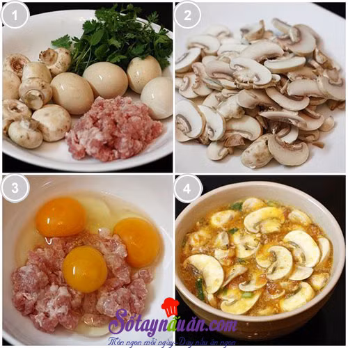 1. Trứng hấp nấm. Nguyên liệu: Trứng gà, thịt lợn, nấm rơm, hành tím, hành lá, gia vị. Ướp thịt với ít muối và hạt nêm. Sau đó phi thơm hành, cho thịt vào xào đến khi săn lại. Cho nấm vào chảo thịt và tiếp tục xào thêm khoảng 4 phút. Ảnh: sotaynauan.com.
