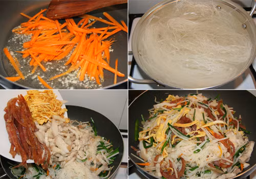 Súp lơ xanh rửa sạch, thái nhỏ. Hành lá bỏ rễ, rửa sạch rồi cắt khúc. Cà rốt nạo vỏ, thái chỉ, hành tây bóc vỏ bổ múi cau. Tôm bóc nõn, bỏ chỉ đen trên lưng sau đó rửa sạch, để ráo nước. Phi thơm tỏi trên chảo dầu rồi cho tôm vào xào sơ cho chín tới, tắt bếp, múc ra đĩa. Ảnh: 2monngonmoingay.net.