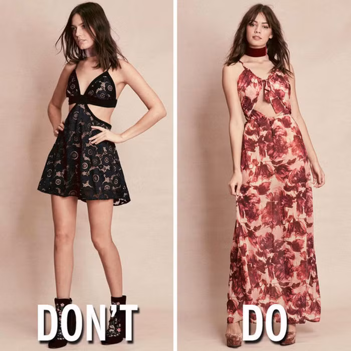 Không mặc quá hở hang. Không ai cấm bạn ăn mặc sexy khi đi dự tiệc cưới nhưng ngoài việc mặc đẹp, quyến rũ thì bạn cũng nên nhớ phải ăn mặc lịch sự và trang nhã. Những trang phục bó sát, ngắn hoặc cut-out tại các vùng nhạy cảm tạo khoảng hở quá đà thực sự không phù hợp vào lúc này. Hãy dành chúng cho những bữa tiệc chỉ có những người bạn thân, còn khi đi dự tiệc cưới, hãy đoan trang hết sức có thể.