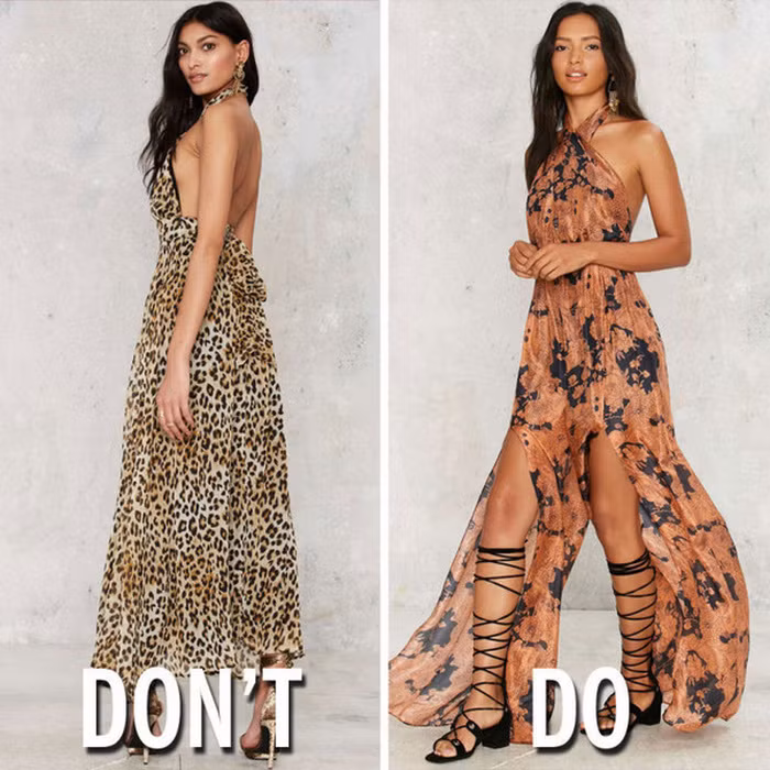 Các thiết kế với họa tiết động vật. Trừ khi bạn đang tham dự một bữa tiệc cưới theo chủ đề riêng đặc biệt, còn lại những chiếc váy áo họa tiết động vật đi ăn cưới là không nên. Bạn có thể lựa chọn sang các thiết kế hoa nhẹ nhàng để vừa đảm bảo sự trang nhã mà còn khiến mọi người cảm thấy bạn yêu thiên nhiên biết bao.