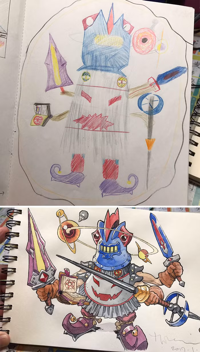 Có lẽ ảnh hưởng từ người cha chuyên làm việc trong môi trường truyện tranh nên con trai của anh cũng có khiếu vẽ vời. Cậu bé luôn biến bố thành những nhân vật siêu nhân khiến người khác phải bật cười.