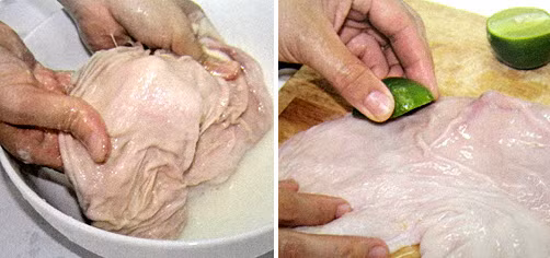 Sau khi rửa ta bóp dạ dày với muối cho hết nhớt, rửa lại bằng nước rồi lại bóp với dấm cho sạch hẳn rồi mới rửa kĩ lần cuối bằng nước sạch. Cho dạ dày vào nồi nước đun sôi chần qua và cạo rửa cho sạch. Đợi dạ dày nguội hẳn thì lộn trái. Rang thơm thảo quả, quế chi, hoa hồi rồi đập dập. Bóc vỏ hành khô một nửa băm nhỏ, nửa còn lại nướng cho thơm. Ảnh: thuocchuabenh.vn.