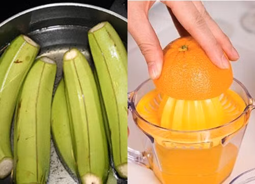 1. Công thức 2: Chuối xanh + nước ép cam. Nguyên liệu: Cam, chuối xanh, mật ong, bát và thìa. Dùng dao cắt đôi quả cam, ép chúng lấy nước và lọc bỏ hết hạt ra bên ngoài. Chuối xanh đem gọt vỏ, thái lát mỏng, cho vào máy xay sinh tố nghiền thật nhuyễn với phần nước ép cam, mật ong vừa chuẩn bị. Ảnh: kenhphunu.com.