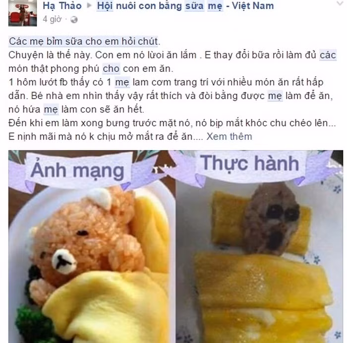 Điển hình là một bà mẹ này đã đăng bức ảnh món ăn gấu đắp chăn mình làm cùng chia sẻ hài hước thu hút bình luận của các mẹ. Ảnh: FB Hội nuôi con bằng sữa mẹ.