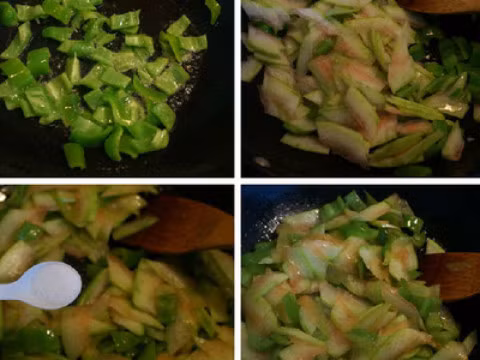 2. Cùi dưa hấu xào ớt chuông. Vỏ dưa hấu gọt sạch vỏ xanh bên ngoài, thái lát miếng nghiêng góc 60 độ, để lát dưa có bản lớn rộng hơn. Ảnh: Nauzi.com.