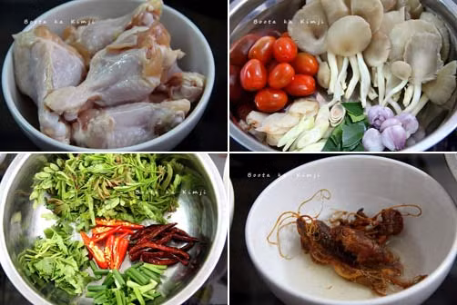 2. Thịt gà nấu cốt dừa lá me. Nguyên liệu: Thịt đùi hoặc cánh gà, nấm, cà chua bi, riềng, sả, lá chanh, hành khô, ớt, lá me, hành lá, rau mùi, nước mắm, nước me, nước cốt dừa, sa tế. Ảnh: yeunoitro.net.