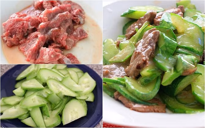 7. Bò xào dưa leo, thơm và cà chua. Nguyên liệu: Phi lê bò mềm, dưa leo, cà chua, dứa, cần tây, dầu hào, nước mắm, tiêu, tỏi, hạt nêm và dầu mè. Sử dụng phần cán dao đập dập lên miếng thịt. Sau đó, đem thịt đi ướp với ít muối, hạt nêm và dầu mè trong khoảng 15 phút. Ảnh: danviet.vn.