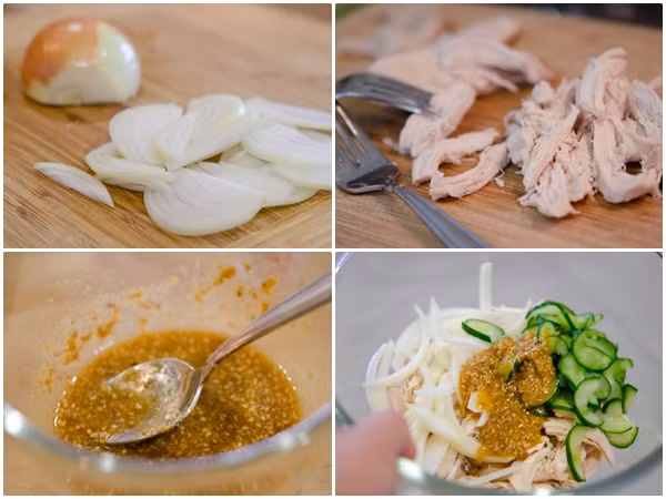 6. Nộm gà, dưa leo. Nguyên liệu: Lườn gà, dưa leo, tỏi tây, tỏi, hành, gừng, nguyệt quế, mè rang nhuyễn, mù tạt, tương đen, nước cốt chanh, giấm gạo, mật ong, muối. Lọc bỏ da lườn gà và luộc cùng tỏi, gừng, lá nguyệt quế và tỏi tây. Ảnh: Lamsao.com.