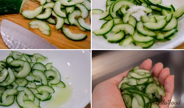 4. Dưa leo bóp xổi. Nguyên liệu: Dưa leo, tỏi, chanh, ớt, đường, nước mắm, rau thơm. Rửa sạch dưa leo với nước muối pha loãng trước khi bỏ ruột, cắt lát chéo vừa miệng. Trộn dưa leo với 1 muỗng cà phê muối và để như vậy khoảng nửa tiếng. Sau thời gian này, bạn đem dưa leo vắt ráo. Ảnh: calofood.vn.