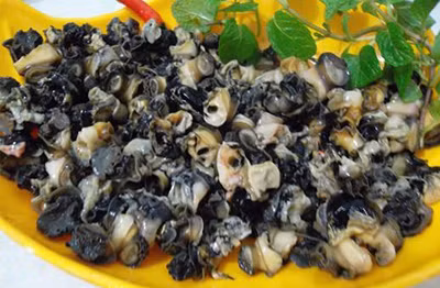 4. Ốc sên xào cay. Nguyên liệu gồm ốc sên, ớt xào, cần tây, hành cắt khúc, gừng thái lát, nước tương, nước lèo, tương ớt, mè trắng rang, rượu trắng, muối, bột ngọt, rau thơm. Thịt ốc sên rửa sạch, chần qua nước sôi. Ảnh: adayroi.vn.