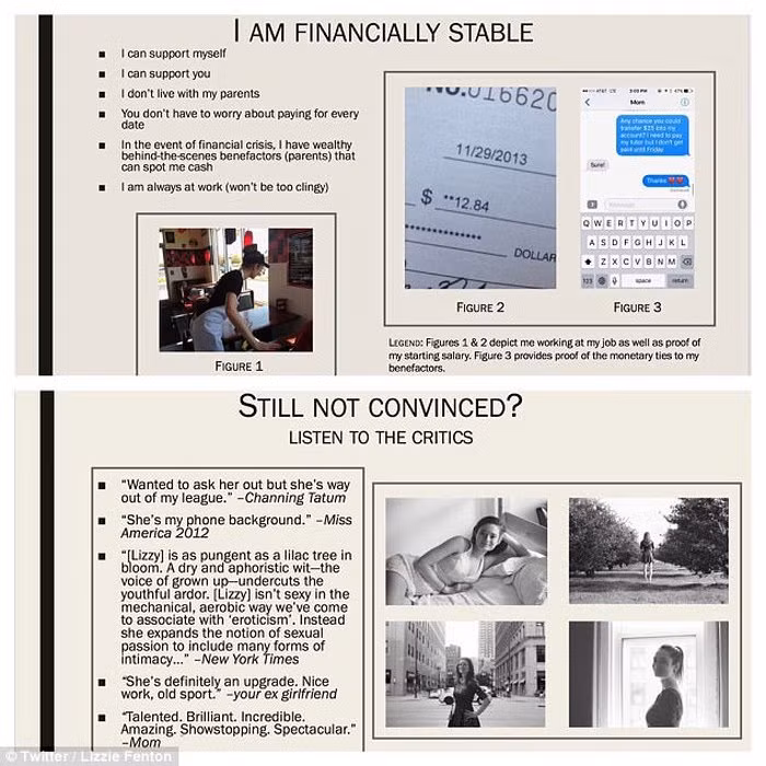 Hiểu được tiền bạc là một trong những nguyên nhân dẫn đến sự đổ vỡ của các cặp đôi nên Lizzy cho biết, tài chính của cô vô cùng ổn định, cô không sống cùng cha mẹ, có thể tự nuôi mình và hỗ trợ nếu bạn trai cần. Cô cũng sẵn sàng trả tiền cho những buổi hẹn hò.