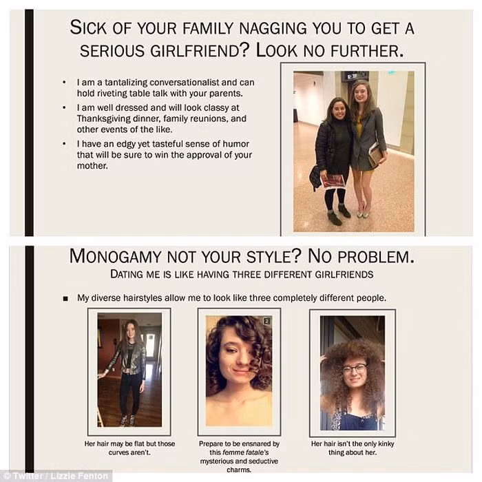 Tiếp đến, cô gái hài hước diễn giải cái vì sao cô hoàn toàn phù hợp làm bạn gái: “Khả năng đối thoại khéo léo và sự hài hước của tớ có thể dùng để tiếp chuyện với bố mẹ cậu. Khiếu thẩm mỹ của tớ không đến nỗi tồi và hoàn toàn có thể trông cực kì ổn cho những bữa tối như lễ Phục sinh, tiệc gia đình hay những sự kiện tương tự. Tớ có linh cảm chắc chắn sẽ giành được tình cảm từ phụ huynh”. 