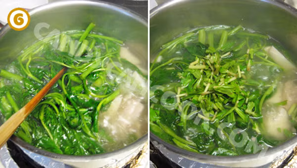 5. Canh khoai sọ rau muống. Nguyên liệu: Rau muống, khoai sọ, sườn, rau ngổ, gia vị. Sườn đun sôi trần qua rồi rửa sạch lại. Cho nước vào hầm 15 phút rồi tắt bếp. Khoai gọt vỏ ngâm nước muối. Rau muống nhặt sạch cắt đôi xong rửa sạch.