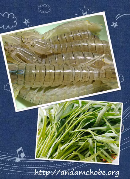 2. Bề bề nấu rau muống. Nguyên liệu: Bề bề, rau muống, gia vị. Bề bề rửa sạch, đem xay với ít muối, nước. Đổ ra tô, thêm 1,5 lít nước, khuấy đều và lọc. Lọc 2 lần bỏ cặn bã. Rau muống nhặt và rửa sạch. Ảnh: andamchobe.com.