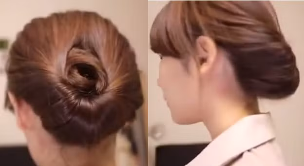 3. Tóc búi cuộn vào trong. Bạn có thể sẽ phải dùng một chút dầu gội khô để chúng hấp thụ lượng dầu dư thừa và làm dày mái tóc trước khi bắt tay vào thực hiện kiểu tóc này. Hãy búi 1 búi cuộn tròn hướng vào trong ở phía thấp sau gáy, rồi cố định cẩn thận với những chiếc kẹp ghim là xong. Ảnh: boketa.vn.