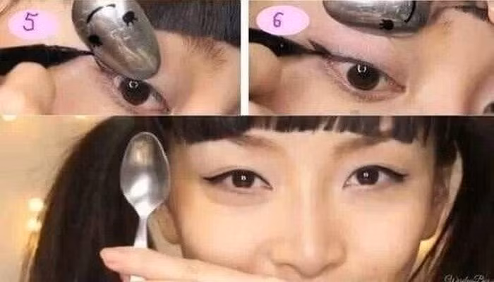 Dùng chì kẻ mắt vẽ một đường cong theo đường vành chân thìa, giao nhau với đường chếch phía đuôi mắt. Bây giờ bạn chỉ việc dùng chì kẻ mắt tô đậm một đường từ 2/3 mi mắt kéo dài đến tận đuôi mắt, nơi có hai đường giao nhau mà bạn vừa tạo. Ảnh: Phunutoday.