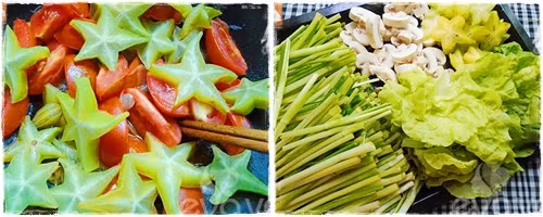 7. Lẩu cá vược. Nguyên liệu: Cá vược, xương ống, cà chua, mẻ, rau sống, hoa chuối, rau cần, nấm, hành răm thì là, gia vị. Xương ống rửa sạch, luộc sơ, rồi rửa lại lần nữa. Sau đó cho vào nồi áp suất ninh lấy nước làm nước dùng. Ảnh: Cungbanvaobep.com.