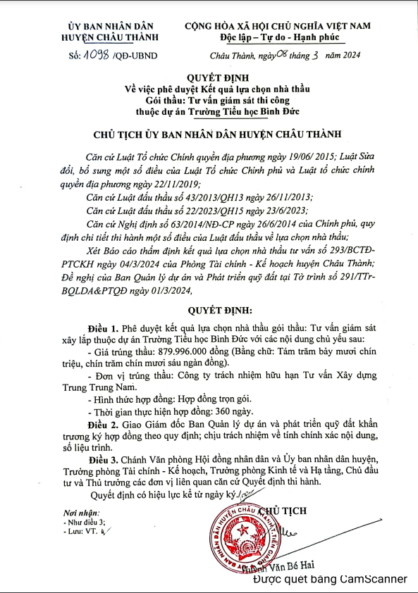 Tien Giang: Trung Trung Nam trung goi thau giam sat - Truong TH Binh Duc