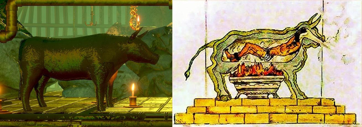 Bên trong con bò rỗng ruột Perillos thiết kế bên cạnh hông có một cánh cửa nhỏ để cho người ra vào.