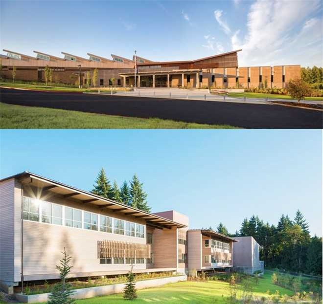 Năm 2012, trường Trung học Sandy ở Sandy, Oregon, được thiết kế lại, mở rộng diện tích gấp hai. Ngôi trường gây ấn tượng bởi kiến trúc không đối xứng, lấy gỗ làm vật liệu chủ đạo. Trường nằm cạnh rừng cây nhỏ, tạo cảm giácthân thiện với môi trườngcho giáo viên và học sinh. Ảnh: IBI Group Architects.