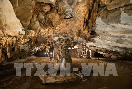 Với vẻ đẹp tự nhiên kỳ vĩ, động Thiên Đường cũng đã được Tổ chức Kỷ lục Việt Nam trao bằng xác lập 2 kỷ lục: động khô dài có hệ thống thách nhũ độc đáo nhất Việt Nam động có cầu gỗ dài nhất Việt Nam. Ảnh: TTXVN phát