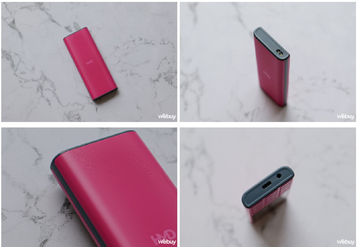 Thân máy hoàn thiện toàn bộ từ nhựa, với mặt lưng được vát cong cho cảm giác cầm nắm thoải mái. Phần viền có màu đen, đáng chú ý, phiên bản này sử dụng cổng sạc USB-C, có jack tai nghe 3.5mm ở dưới và một đèn pin ở cạnh viền trên.