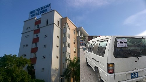 Chiếc xe biển xanh từng do Bệnh viện Đa khoa tỉnh Hải Dương sở hữu được bán giữa đường Cao Xanh (TP Hạ Long, Quảng Ninh). Ảnh nhỏ: Báo Thanh Niên.