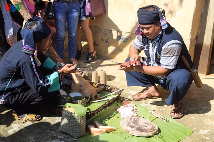  11. Xem bói gan lợn thiến của người Hà Nhì Trong ngày Tết của người Hà Nhì, thịt lợn dâng cúng tổ tiên là lễ vật bắt buộc các gia đình phải có. Dù giàu hay nghèo, vào ngày Tết, tất cả mọi gia đình đều mổ lợn đón năm mới. Đây là những con lợn đực, được thiến từ đầu năm để vỗ béo do các hộ gia đình tự nuôi lấy. Nhà có điều kiện mổ lợn từ 60-100kg hoặc 150kg, nhà khó khăn cũng mổ lợn 40-50kg. Khi mổ lợn ăn Tết, lá gan được người Hà Nhì dùng để xem bói. Nếu lá gan lành lặn, màu sắc tươi tốt, mật lợn phải căng đầy thì năm đó chăn nuôi phát triển, anh em con cháu sẽ vui vẻ thuận hòa.
