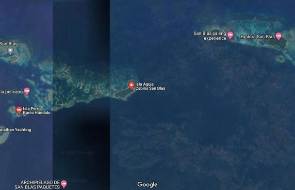 Quần đảo San Blas nằm ngoài khơi phía Bắc của Eo đất Panama gồm 365 hòn đảo riêng lẻ. Trên Google Maps, khu vực trung tâm của quần đảo được phủ một thanh dày màu đen. Trong khi đó, bên phải được che mờ và phần bên trái có thể nhìn thấy rõ.