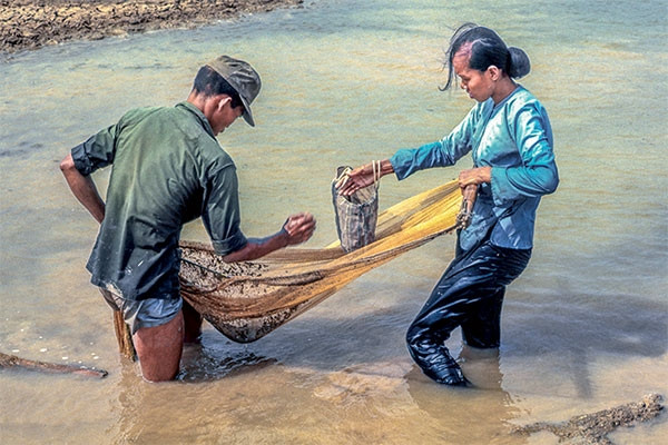 Hai người dân đánh bắt cá tại một cái ao ở Mỹ Tho.
