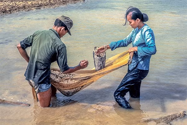Hai người dân đánh bắt cá tại một cái ao ở Mỹ Tho.