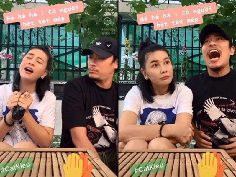 Tuy nhiên, Cát Phượng đáp trả tin đồn tình cảm với Kiều Minh Tuấn rạn nứt bằng clip cả hai hít khí trong một chiếc túi rồi nói chuyện với giọng nói bị bóp méo. Ảnh: FBNV