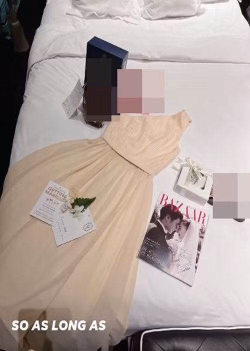 Xuân Lan khoe trang phục phù dâu có tông màu be giống trang phục phù rể. Ảnh: FB Xuân Lan