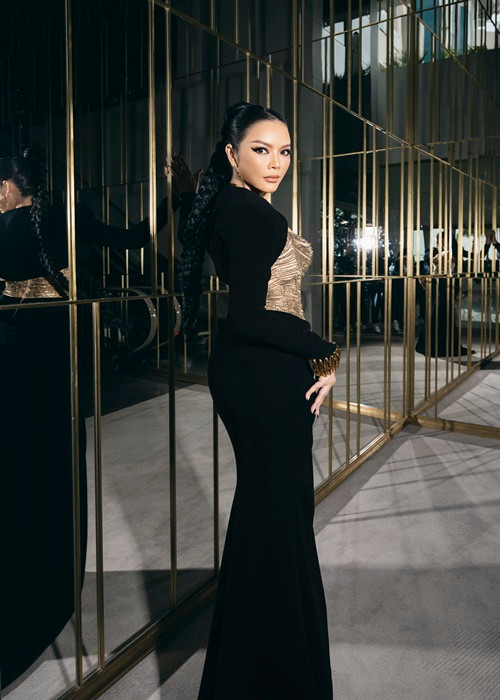 Ngày thứ 4 dự thảm đỏ Cannes, Lý Nhã Kỳ chọn trang phục của NTK Đỗ Long, kết hợp trang sức kim cương.