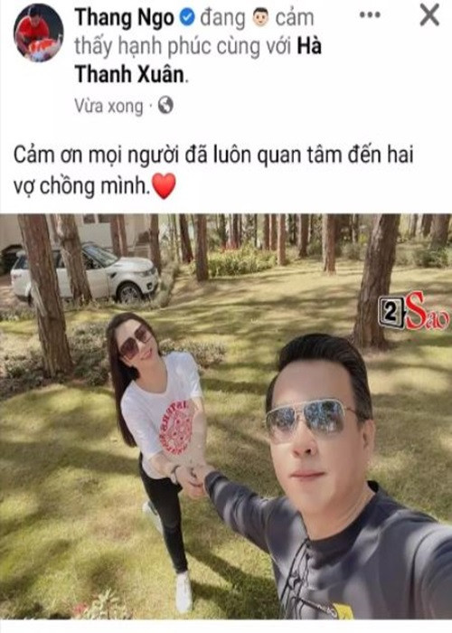 Phía doanh nhân Thắng Ngô đăng tải ảnh nắm tay Hà Thanh Xuân sau hôn lễ nhưng sau đó không biết vì sao anh gỡ bài đăng này. Ảnh: 2sao