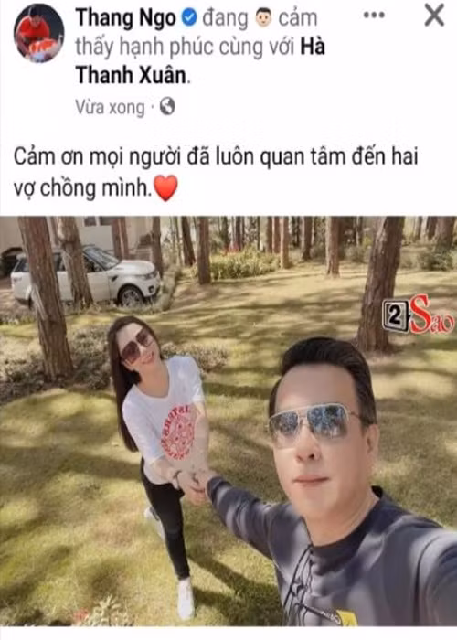 Phía doanh nhân Thắng Ngô đăng tải ảnh nắm tay Hà Thanh Xuân sau hôn lễ nhưng sau đó không biết vì sao anh gỡ bài đăng này. Ảnh: 2sao