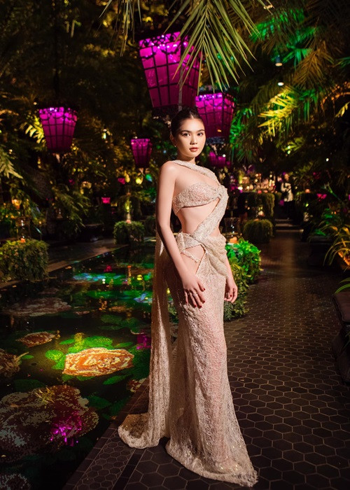 Xuất hiện tại bữa tiệc, Ngọc Trinh diện chiếc đầm khoét hông, ngực.