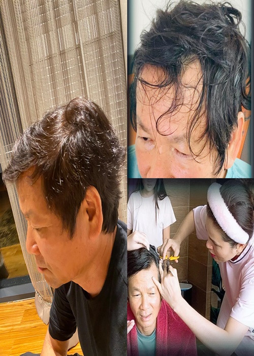 Phương Lê khoe tự tay cắt tóc cho chồng.