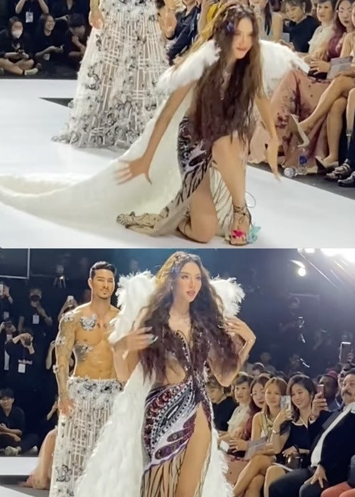 Thùy Tiên chia sẻ về sự cố: “Do không đủ thời gian để cột lại dây giày nên phần chào kết không như ý muốn. Xin lỗi mọi người rất nhiều vì sự cố lần này". Ảnh: Yan