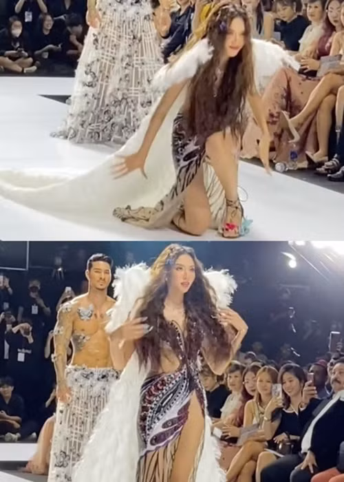 Thùy Tiên chia sẻ về sự cố: “Do không đủ thời gian để cột lại dây giày nên phần chào kết không như ý muốn. Xin lỗi mọi người rất nhiều vì sự cố lần này". Ảnh: Yan