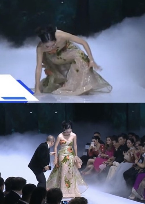Không chỉ Thùy Tiên té ngã, Diệp Bảo Ngọc cũng gặp sự cố tương tự trong buổi biểu diễn thời trang tối ngày 29/5. Ảnh: Yan