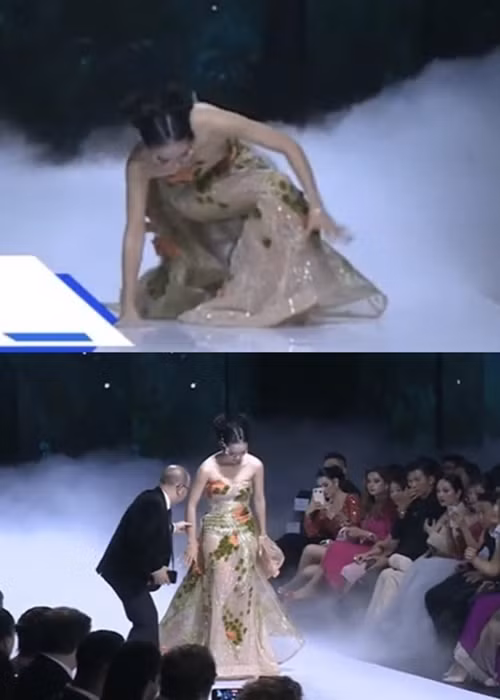 Không chỉ Thùy Tiên té ngã, Diệp Bảo Ngọc cũng gặp sự cố tương tự trong buổi biểu diễn thời trang tối ngày 29/5. Ảnh: Yan