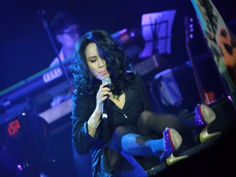 Thanh Lam bị ngã dúi về phía sau trong một đêm nhạc. Cô quá nhập tâm vào cảm xúc của lời bài hát nên không để ý. Ảnh: Đời sống pháp luật