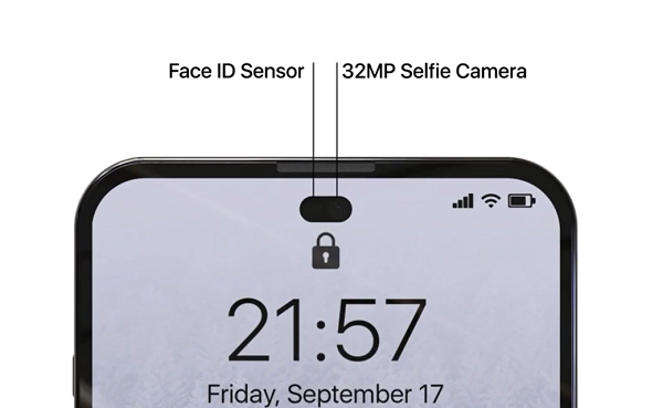 Phần "tai thỏ" trên mẫu iPhone 14 Pro này đã hoàn toàn biến mất, thay vào đó là kiểu màn hình đục lỗ "hình viên thuốc".