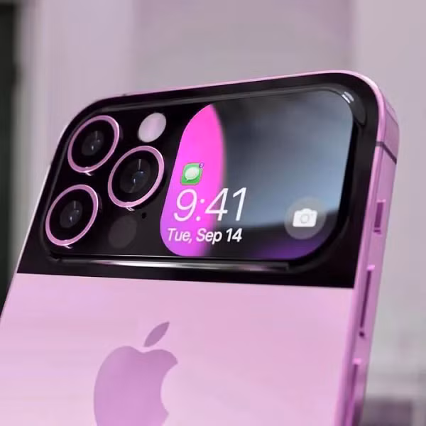 Ở mặt trước, iPhone Flip sẽ có màn hình notch tai thỏ quen thuộc, cạnh viền được làm vuông vức giống như dòng iPhone 12 trở về sau.