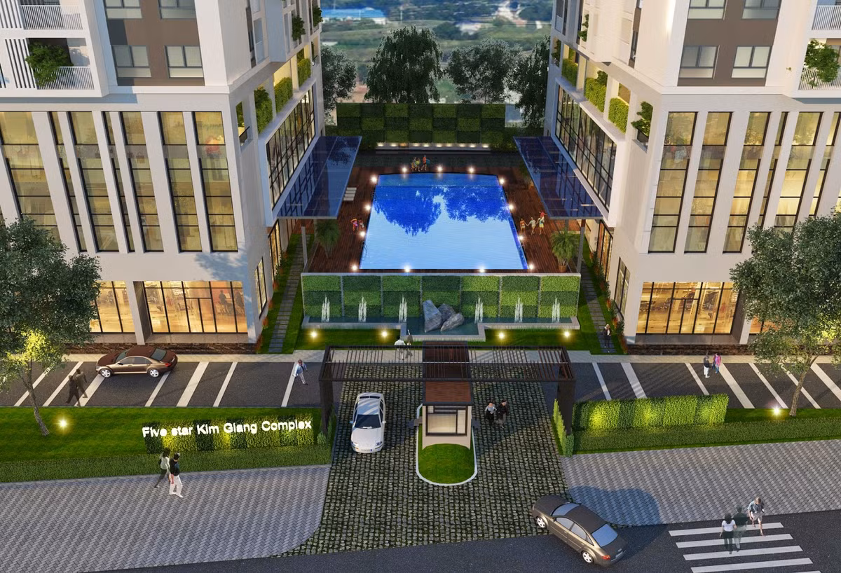 Ảnh phối cảnh thiết kế dự án Five Stars Kim Giang. Không gian nối giữa 2 tòa nhà sẽ là nơi đặt bể bơi ngoài trời.