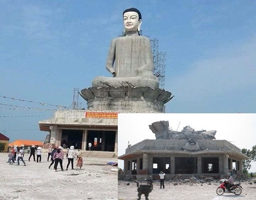 4. Tượng Phật cao nhất miền Bắc bất ngờ đổ sập. Vào ngày 8/7, pho tượng Phật cao 45m tại chùa Sắc Thiên Vương Quan Âm (An Mỹ, Quỳnh Phụ, Thái Bình) đang trong giai đoạn thi công thì bất ngờ đổ sập hoàn toàn, “phơi ra” những thanh sắt chỉ nhỉnh hơn chiếc đũa và thân tượng đều được xây bằng gạch. Tượng Phật hàng chục tấn đổ sập khiến phía mái hiên và trần phía trước ngôi Chánh điện bị hư hại nặng.