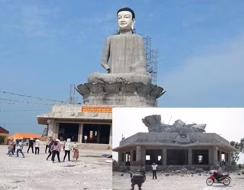 4. Tượng Phật cao nhất miền Bắc bất ngờ đổ sập. Vào ngày 8/7, pho tượng Phật cao 45m tại chùa Sắc Thiên Vương Quan Âm (An Mỹ, Quỳnh Phụ, Thái Bình) đang trong giai đoạn thi công thì bất ngờ đổ sập hoàn toàn, “phơi ra” những thanh sắt chỉ nhỉnh hơn chiếc đũa và thân tượng đều được xây bằng gạch. Tượng Phật hàng chục tấn đổ sập khiến phía mái hiên và trần phía trước ngôi Chánh điện bị hư hại nặng.