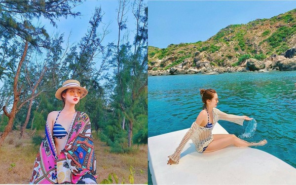 Cô nàng hot girl Trương Hoàng Mai Anh lựa chọn đồ bơi có màu sắc bắt mắt. Cặp kính, chiếc mũ và khăn choàng được cô nàng phối hợp ăn ý khiến set đồ của cô nàng trở nên thu hút hơn.