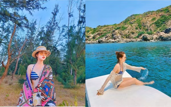 Cô nàng hot girl Trương Hoàng Mai Anh lựa chọn đồ bơi có màu sắc bắt mắt. Cặp kính, chiếc mũ và khăn choàng được cô nàng phối hợp ăn ý khiến set đồ của cô nàng trở nên thu hút hơn.